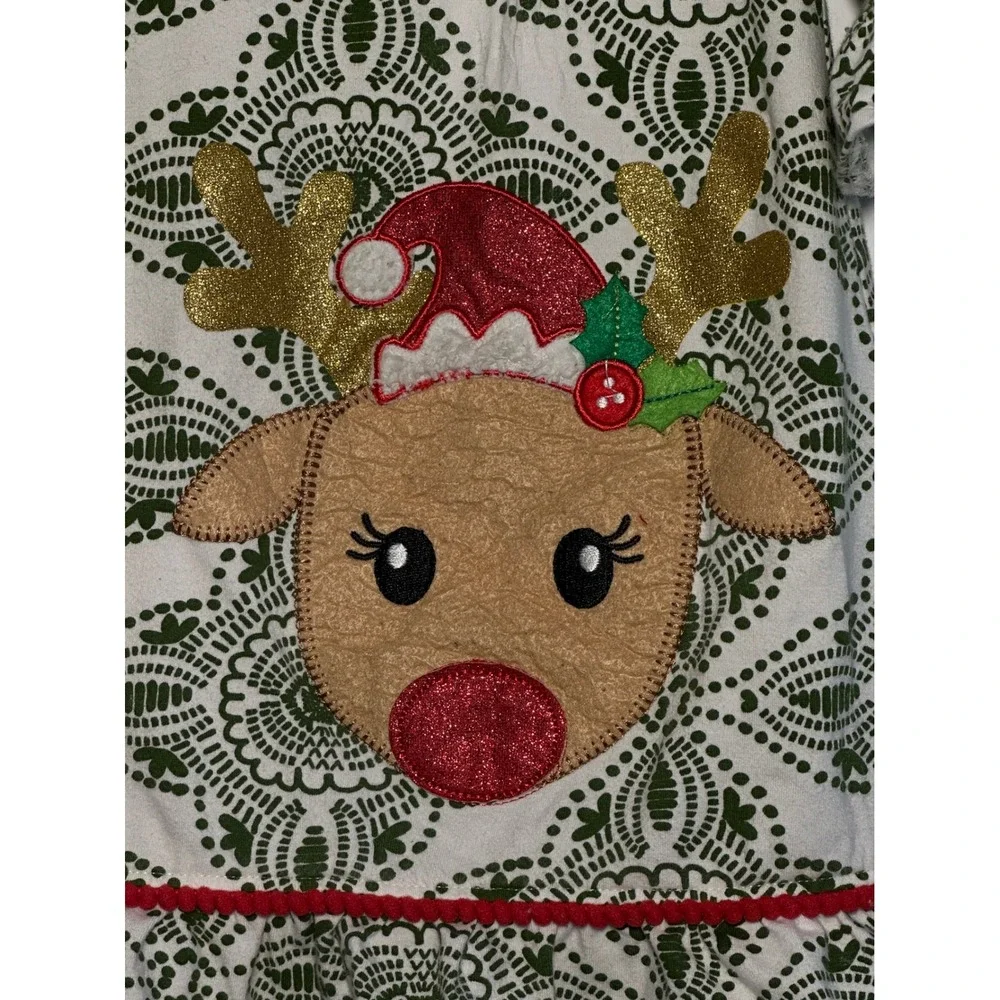 Reindeer Christmas Dress Ruffle Sleeve Holiday Festive‎ Green White child 3/4
